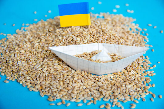 Ukrainian Grain Export Blockade and Food Crisis Concept with Paper Boat and Flag on Wheat Seeds Background