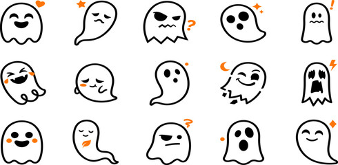 Fototapeta premium Set of cute hand drawn ghost characters with various funny facial expressions and emotions
