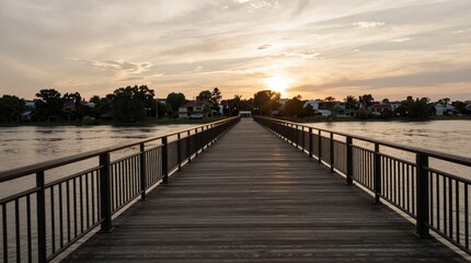 Fototapeta premium A stunning view of a wooden pier extending into calm water during sunset. The sky is painted with warm tones, creating a tranquil atmosphere perfect for relaxation and reflection.