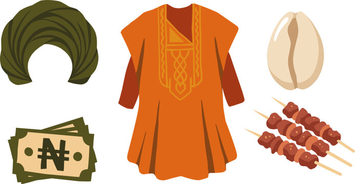 Flat Design Nigerian Heritage Icons Set Including Agbada Tunic Headscarf Suya Kebab Cowrie Shell and Banknotes