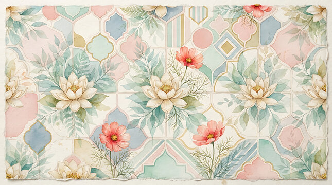 Watercolor botanical tile pattern with lotus flowers and geometric shapes for elegant background