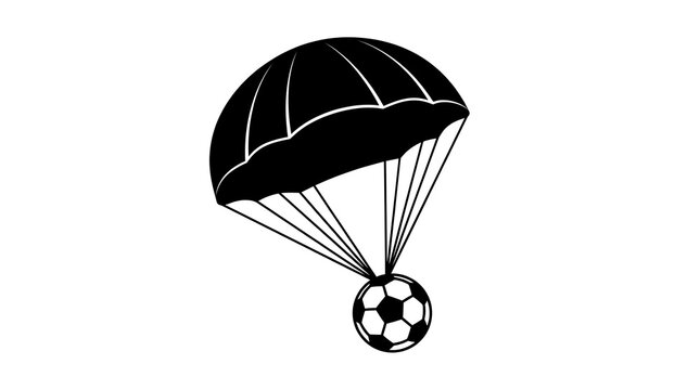 Soccer ball descending with parachute silhouette on white