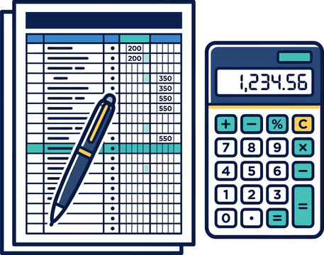 Spreadsheet and calculator with pen for financial planning and accounting vector illustration