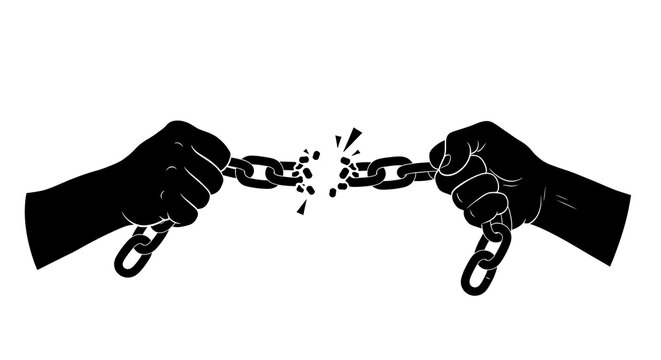 Black hands silhouette pulling and breaking a metal chain