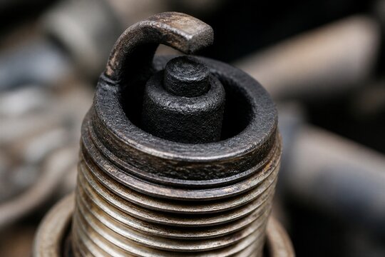Spark plug covered in carbon deposits inside engine bay