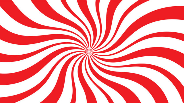 Red and White Spiral Sunburst Background, Abstract Swirl Pattern Vector Illustration for Circus, Carnival, Peppermint Candy, and Hypnotic Optical Illusion Designs.
