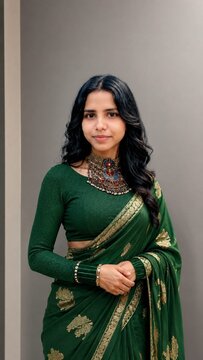 Beautiful young Indian woman in emerald green silk saree with golden zari work wearing antique tribal choker jewelry