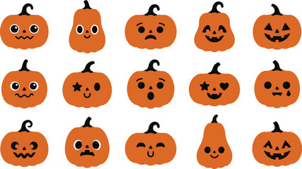Fototapeta premium Vector illustration set of cartoon halloween pumpkins with minimalist facial expressions