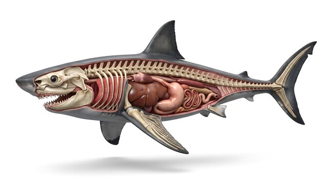 Shark skeleton anatomy internal organs displayed against white background for educational biology study.