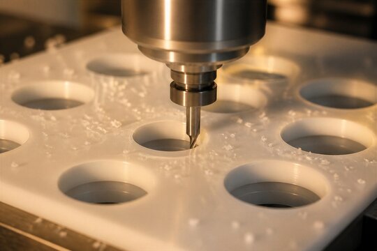 Cnc milling cutter drilling circular holes in plastic fixture