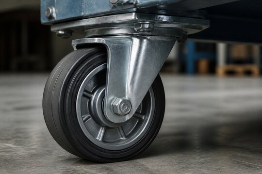 Industrial caster wheel rolling on concrete warehouse floor