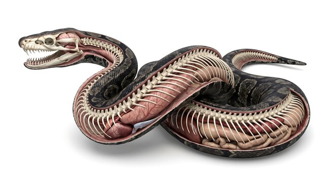 Snake skeleton anatomy internal organs displayed against white background for educational biology study.