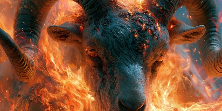 Fiery ram with glowing horns and intense eyes, surrounded by blazing flames, dramatic lighting.