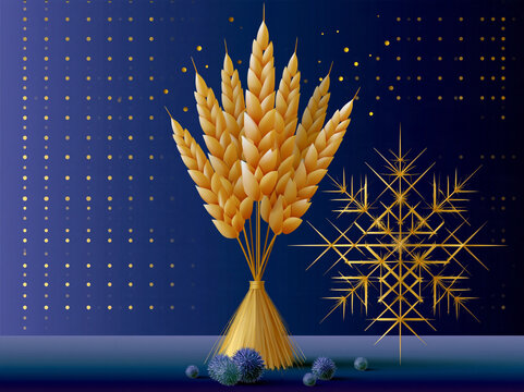 Ukrainian christmas tradition with golden didukh wheat sheaf and decorative straw spider ornament on deep blue festive background