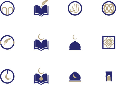 Set of Islamic icons featuring mosque domes and quran symbols for design