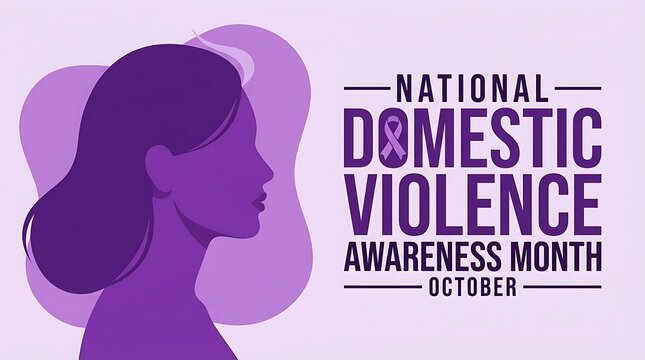 Purple silhouette of woman's head with national domestic violence awareness month october text and awareness ribbon graphic.