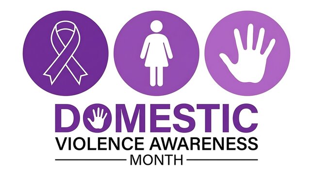 Domestic violence awareness month social media template with minimalist purple ribbon hand sign and female avatar graphic elements on white background layout.