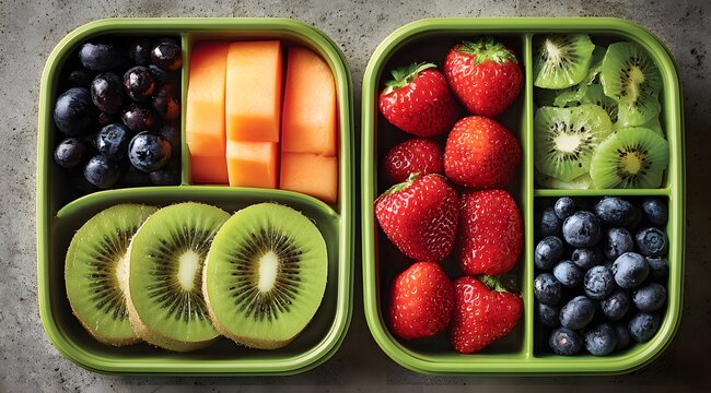 Gesunde Bento-Lunchboxen Gef&uuml;llt mit Frischem Obst wie Erdbeeren, Blaubeeren, Himbeeren und Kiwi f&uuml;r Unterwegs und Schule