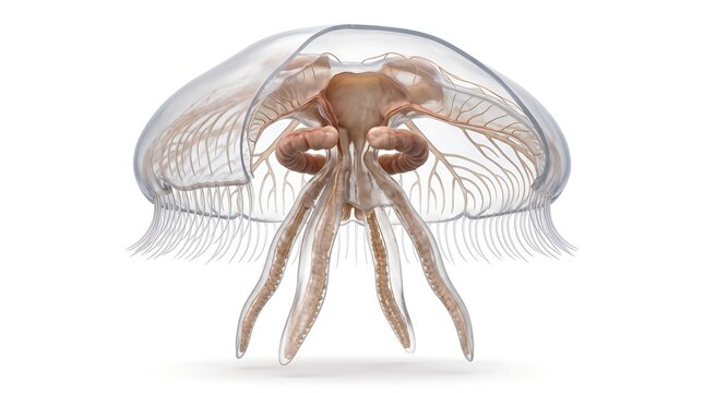 Jellyfish translucent bell showing internal organs and tentacles on white background.