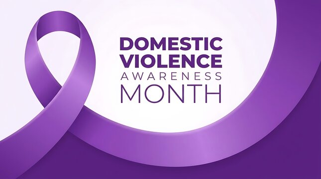 Purple ribbon graphic for domestic violence awareness month, symbolizing support and advocacy.