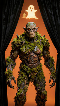 Fantasy swamp monster creature standing between black velvet curtains