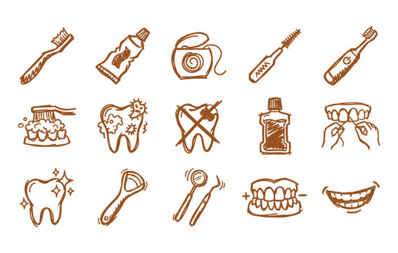 Dental care and oral hygiene vector illustrations featuring sketchy toothbrushes toothpaste tubes floss interdental brushes decayed teeth mouthwash and clean smiling jaws