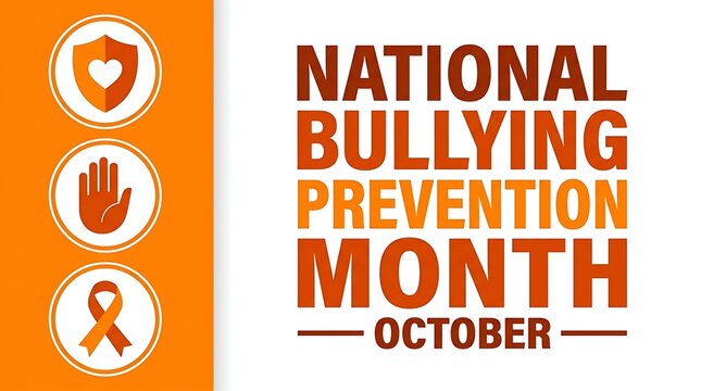 National Bullying Prevention Month creative design featuring orange color palette stop hand gesture protection shield and awareness ribbon on clean white background.
