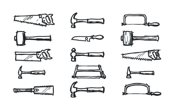 DIY repair and renovation tool doodle bundle displaying sketchy building instruments woodcutting saws mallet hammers pin hammers and craftsmanship assets