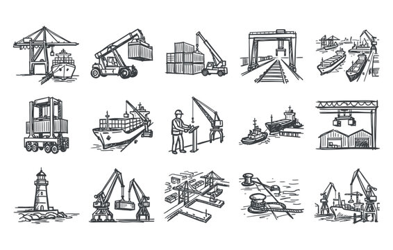 Hand drawn maritime logistics graphics showcasing port terminal overviews mooring bollards with ropes mobile cranes warehouse sheds and dockyard operations
