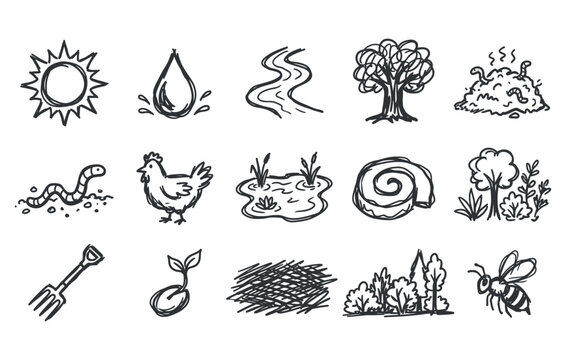 Permaculture and organic farming vector bundle featuring sketchy sun water drops compost piles earthworms garden chickens ponds seedlings and ecological nature elements
