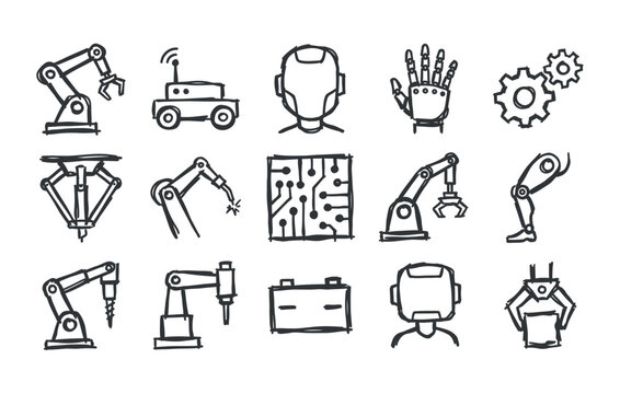Robotics and automation vector bundle featuring sketchy robot arms industrial robotic manipulators mechanical hands artificial intelligence heads and circuit board patterns