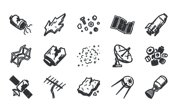 Shattered satellites floating around earth orbit mixed with broken solar panels twisted metal scraps dead rocket stages and hazardous cosmic junk vectors