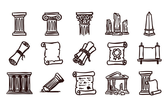 Ancient history and architecture vector bundle featuring sketchy Greek and Roman pillars ruins obelisks old paper scrolls parchment manuscripts