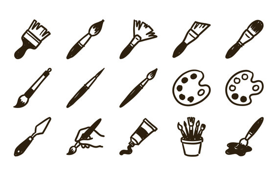 Artist painting tools vector bundle featuring sketchy paintbrushes art palettes color tubes palette knives hand holding brush and brush holder pot graphics