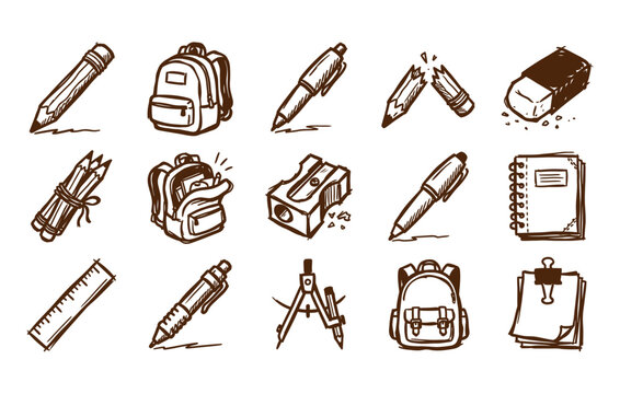 Back to school supplies doodle bundle displaying messy sketchy mechanical pens sharpener shavings student rucksacks geometry tools and academic assets