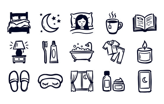 Bedtime routine and night sleep vector bundle featuring sketchy beds sleeping people moon stars books herbal tea nighttime skincare products and relaxation items