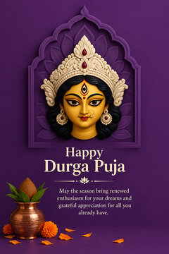 Durga puja and navratri greeting card featuring crowned goddess face within decorative arch with ritual kalash and marigold flowers against purple background