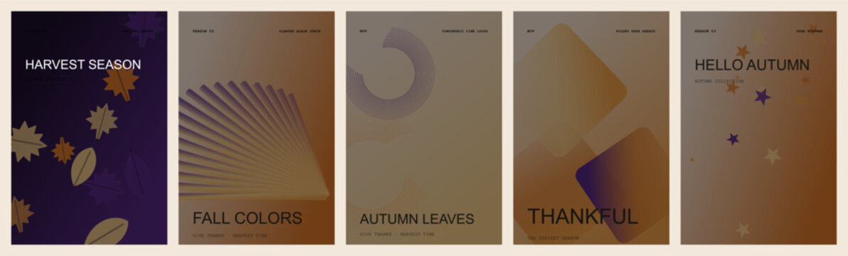 Autumn abstract flyer template set. Features gradient backgrounds, geometric shapes, and fall colors. Modern minimal design for seasonal promotion, marketing, and corporate events.