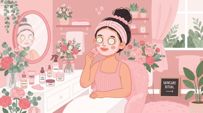 Woman applying facial mask with cucumber slices on eyes using gua sha stone in cozy pink skincare room illustration