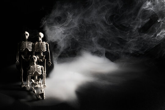 Skeleton family standing in smoky dark halloween scene