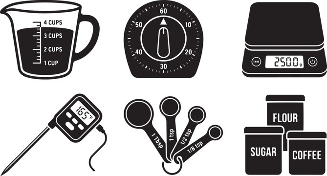 Set of kitchen measurement tools, including measuring cup, scale, timer, and spoons