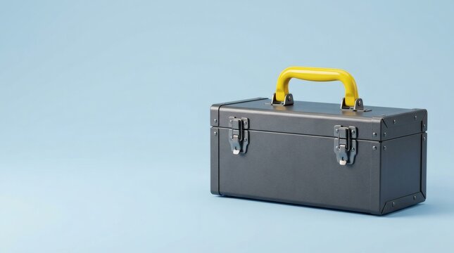 Minimalist grey metallic toolbox with a vibrant yellow handle isolated on light blue background.