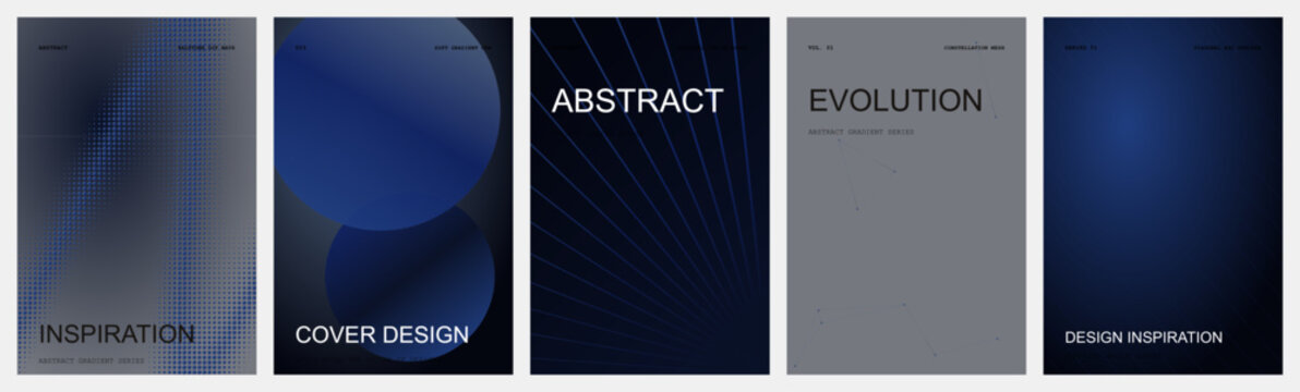 Modern dark blue cover design template collection. Features abstract gradients, geometric circles, and minimalist typography. Clean vector layout for corporate brochures and presentations.