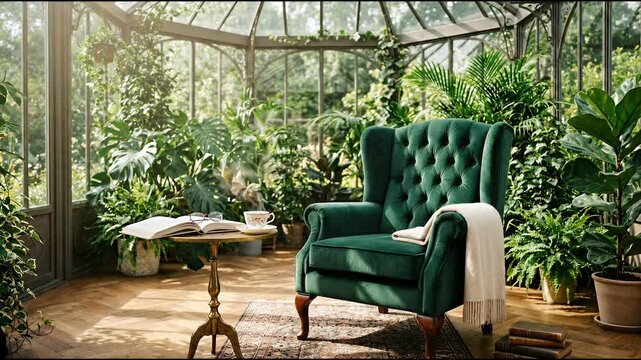 Luxurious Velvet Wingback Chair in Sunlit Conservatory Reading Retreat