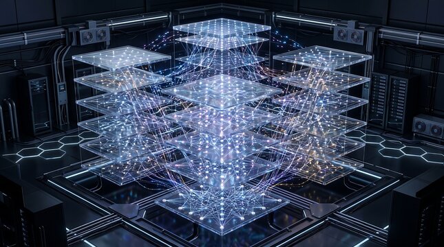 A multi layered glass cube structure with glowing blue and orange data connections in a dark tech server room with grid floors