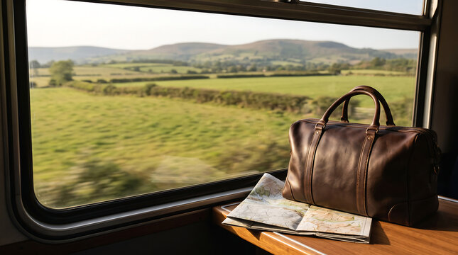 Leather travel bag and map beside train window overlooking green countryside, scenic rail journey, vacation planning and slow travel adventure concept.