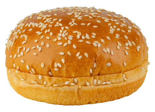 Hamburger bun. Golden sesame hamburger bun with a soft round shape, glossy baked crust and toasted sesame seeds. Fresh bakery bread roll for burgers, sandwiches, fast food meals and homemade cooking