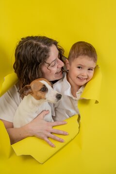 Caucasian little boy, his mother and Jack Russell Terrier dog tearing yellow paper background. 