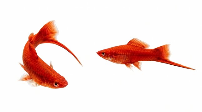 Two bright red swordtail fish swimming isolated on a white background