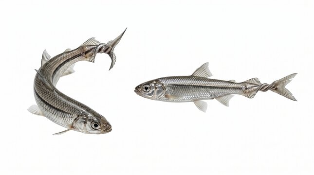 Two silver fish with uniquely twisted tails isolated on a white background